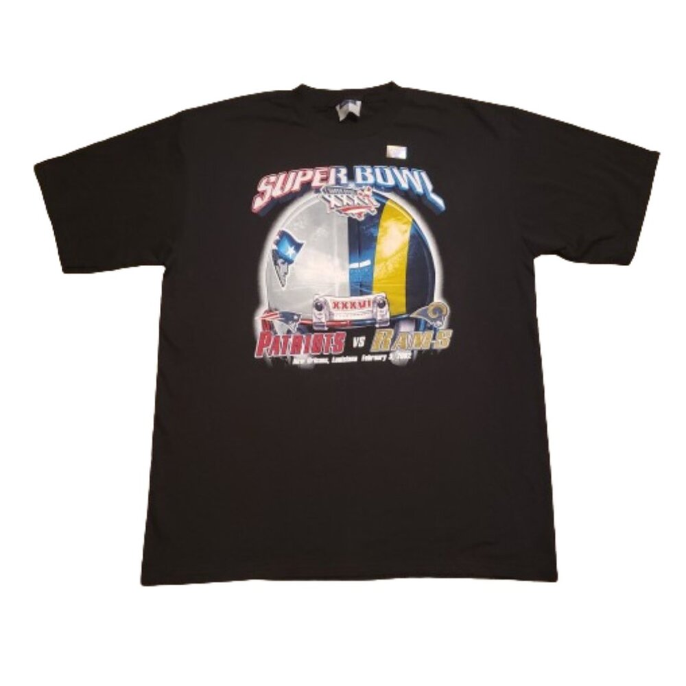 Vintage CSA Superbowl XXXVI T-Shirt Men's XL Black Patriots Rams 2002 Y2K Sports
